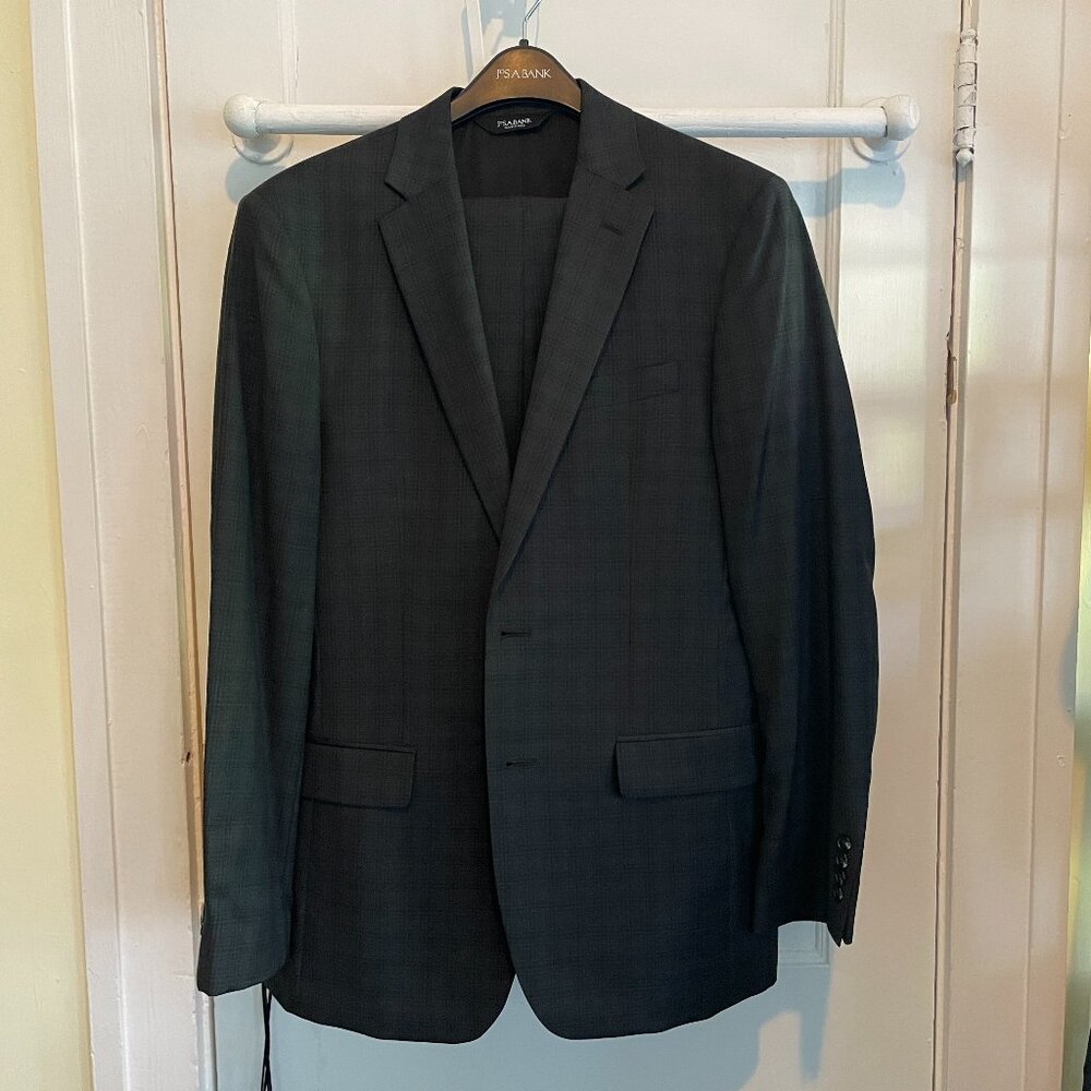 Jos.A. Bank Traveler Collection Slim Fit Mini Check Suit | Black | Size 40L /34W